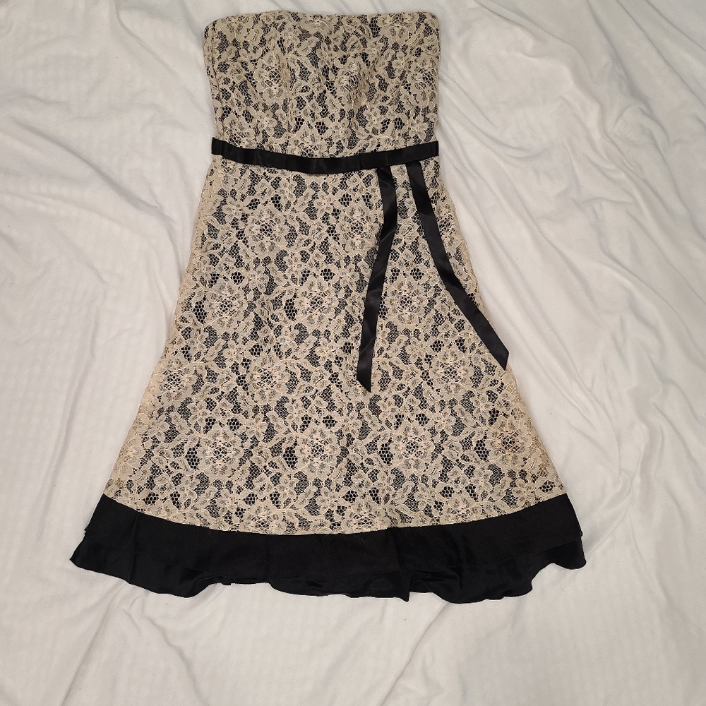 Black strapless dress with cream lace overlay